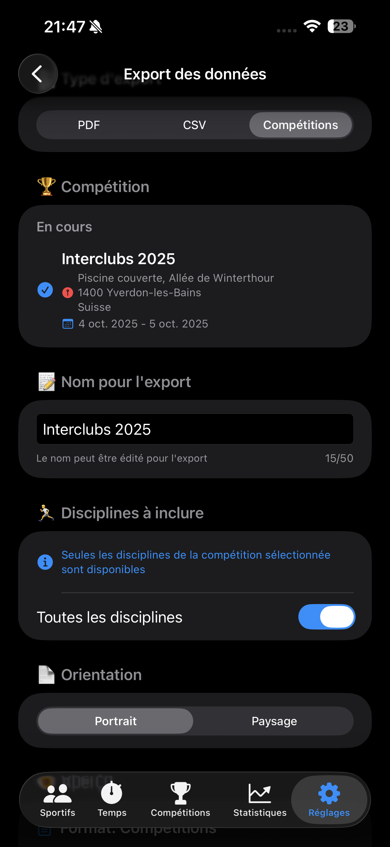 Possibilités d'export